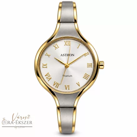 ASTRON 8023-9 női karóra, ékszeróra, bicolor titánium tok, bicolor titánium csat, ezüst színű számlap, keményített ásványüveg, quartz szerkezet, cseppmentes vízállóság