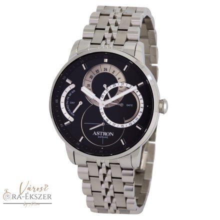 ASTRON 8025-1 sportos férfi karóra, ezüst színű nemesacél tok, ezüst színű nemesacél csat, fekete számlap, zafírüveg, quartz szerkezet, cseppmentes vízállóság