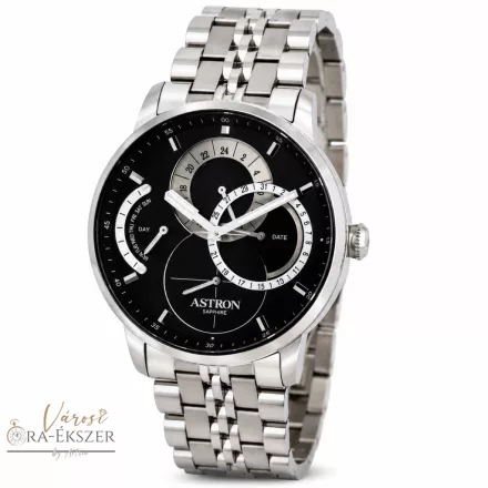 ASTRON 8025-1 sportos férfi karóra, ezüst színű nemesacél tok, ezüst színű nemesacél csat, fekete számlap, zafírüveg, quartz szerkezet, cseppmentes vízállóság