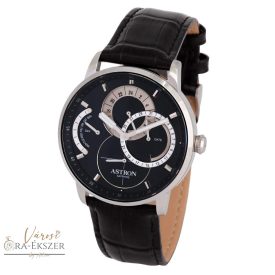   ASTRON 8026-1 sportos férfi karóra, ezüst színű nemesacél tok, fekete bőrszíj, fekete számlap, zafírüveg, quartz szerkezet, cseppmentes vízállóság