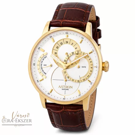 ASTRON 8026-7 sportos férfi karóra, arany színű nemesacél tok, barna bőrszíj, fehér számlap, zafírüveg, quartz szerkezet, cseppmentes vízállóság