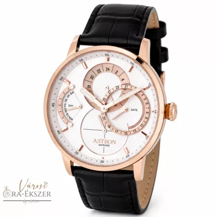 ASTRON 8026-8 sportos férfi karóra, rosegold színű nemesacél tok, fekete bőrszíj, fehér számlap, zafírüveg, quartz szerkezet, cseppmentes vízállóság