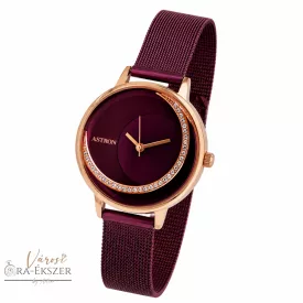   ASTRON 8032-3 női karóra, ékszeróra, rózsaarany színű nemesacél tok, lila nemesacél csat, lila számlap, keményített ásványüveg, quartz szerkezet, cseppmentes vízállóság