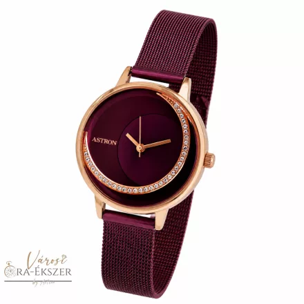 ASTRON 8032-3 női karóra, ékszeróra, rózsaarany színű nemesacél tok, lila nemesacél csat, lila számlap, keményített ásványüveg, quartz szerkezet, cseppmentes vízállóság