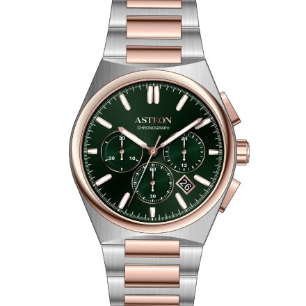 ASTRON 8058-3 férfi karóra, chronograph, bicolor nemesacél tok, bicolor színű nemesacél csat, zöld számlap, keményített ásványüveg, quartz szerkezet, 5 ATM vízállóság