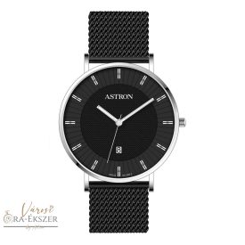   ASTRON 8061-1 FÉRFI KARÓRA, EZÜST SZÍNŰ NEMESACÉL TOK, FEKETE NEMESACÉL CSAT, FEKETE SZÁMLAP, KEMÉNYÍTETT ÁSVÁNYÜVEG, QUARTZ SZERKEZET, 50 M (5 ATM) VÍZÁLLÓSÁG