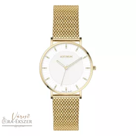   ASTRON 8062-9 NŐI KARÓRA, ARANY SZÍNŰ NEMESACÉL TOK, ARANY SZÍNŰ NEMESACÉL CSAT, FEHÉR SZÁMLAP, KEMÉNYÍTETT ÁSVÁNYÜVEG, QUARTZ SZERKEZET, 50 M (5 ATM) VÍZÁLLÓSÁG