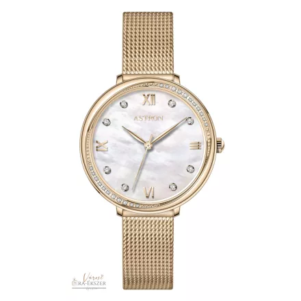 ASTRON 8065-9 női karóra, arany színű nemesacél tok, arany színű milánói csat, fehér számlap, keményített ásványüveg, quartz szerkezet, WR 50M vízállóság