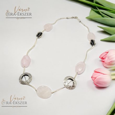 925 EZÜST RÓZSAQUARTZ KÖVES NYAKLÁNC,5 DB NAGY MÉRETŰ RÓZSASZÍN KŐVEL, ÁSVÁNYÉKSZER, NŐI ÉKSZER