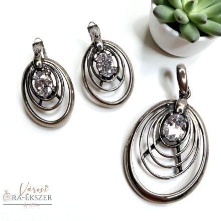 925 EZÜST FÜLBEVALÓ ÉS MEDÁL SZETT, ÉKSZER SZETT,  FEHÉR SZÍNŰ KŐVEL