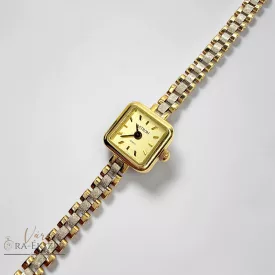   14 karátos arany női karóra bicolor (sárga- és fehérarany) – elegáns szögletes tok és quartz szerkezet, arany színű számlappal