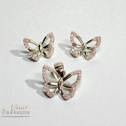 925 EZÜST PILLANGÓS FÜLBEVALÓ ÉS MEDÁL SZETT, ÉKSZER SZETT, RÓZSASZÍN  KÖVEKKEL