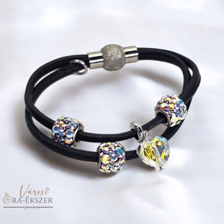 FEKETE BŐR KÉT SZÁLAS KARKÖTŐ AB SZÍNŰ SWAROVSKI KÖVEKKEL