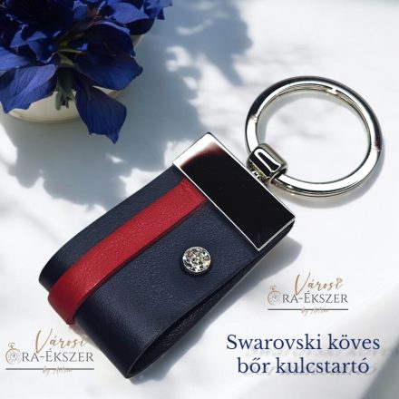 SWAROVSKI KÖVES BŐR ÉS NEMESACÉL KULCSTARTÓ, KÉK ÉS PIROS SZINŰ