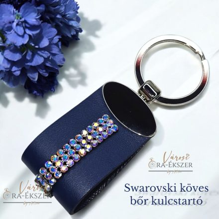 SWAROVSKI KÖVES BŐR ÉS NEMESACÉL KULCSTARTÓ, KÉK SZINŰ