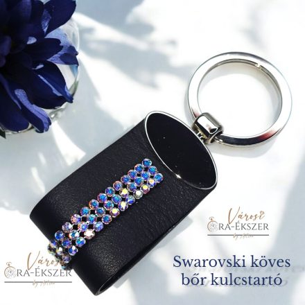 SWAROVSKI KÖVES BŐR ÉS NEMESACÉL KULCSTARTÓ, FEKETE SZINŰ