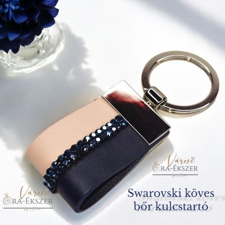 SWAROVSKI KÖVES BŐR ÉS NEMESACÉL KULCSTARTÓ, KÉK ÉS PÚDER SZINŰ