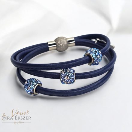 KÉK BŐR HÁROM SOROS KARKÖTŐ KÉK SZÍNŰ SWAROVSKI KÖVEKKEL