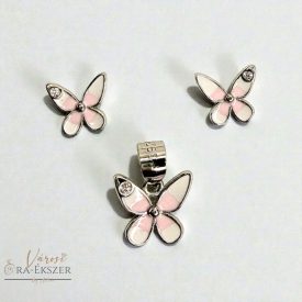   925 EZÜST PILLANGÓS FÜLBEVALÓ ÉS MEDÁL SZETT, ÉKSZER SZETT,  RÓZSASZÍN ÉS FEHÉR SZÍNŰ