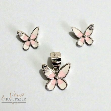 925 EZÜST PILLANGÓS FÜLBEVALÓ ÉS MEDÁL SZETT, ÉKSZER SZETT,  RÓZSASZÍN ÉS FEHÉR SZÍNŰ