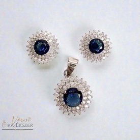   925 EZÜST FÜLBEVALÓ ÉS MEDÁL SZETT, ÉKSZER SZETT,  KÉK ÉS FEHÉR KÖVEKKEL