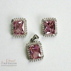   925 EZÜST SZÖGLETES FÜLBEVALÓ ÉS MEDÁL SZETT, ÉKSZER SZETT, RÓZSASZÍN  KŐVEL