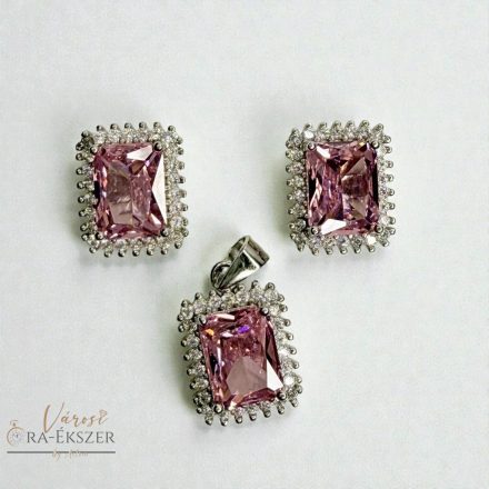 925 EZÜST SZÖGLETES FÜLBEVALÓ ÉS MEDÁL SZETT, ÉKSZER SZETT, RÓZSASZÍN  KŐVEL