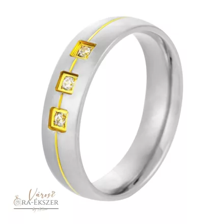 Női nemesacél karikagyűrű 3 kővel – kerekített, fényes felületű, bicolor, ezüst-arany színű, 5 mm