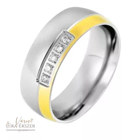   Női nemesacél karikagyűrű 5 kővel – mart, kerekített, bicolor arany-ezüst színű, 7 mm, gravírozható