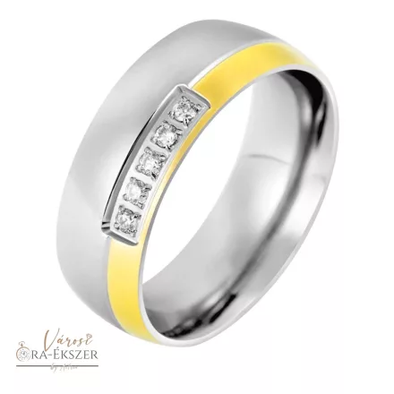 Női nemesacél karikagyűrű 5 kővel – mart, kerekített, bicolor arany-ezüst színű, 7 mm, gravírozható
