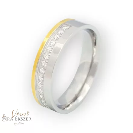 Női nemesacél karikagyűrű kövekkel – szögletes, fényes, bicolor arany-ezüst színű, 5 mm 