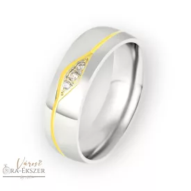   Női nemesacél karikagyűrű kövekkel – kerekített, fényes, bicolor arany-ezüst színű, 6 mm, gravírozható