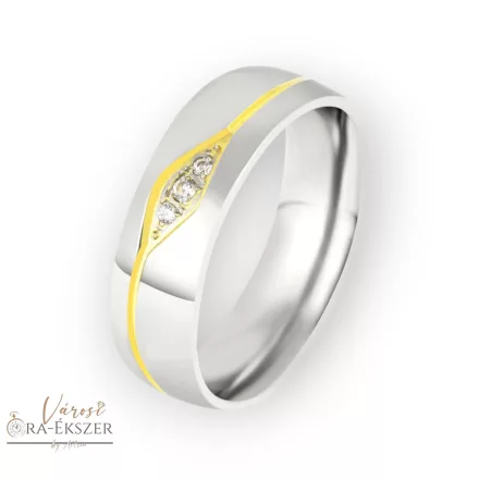 Női nemesacél karikagyűrű kövekkel – kerekített, fényes, bicolor arany-ezüst színű, 6 mm, gravírozható