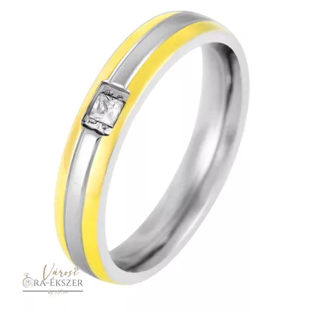 Női nemesacél karikagyűrű 1 kővel – mart, kerekített, bicolor arany-ezüst színű, gravírozható