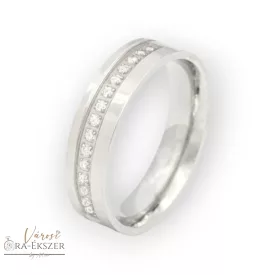   Női nemesacél karikagyűrű  kövekkel – szögletes forma, fényes felület, ezüst színű, 5 mm, gravírozható
