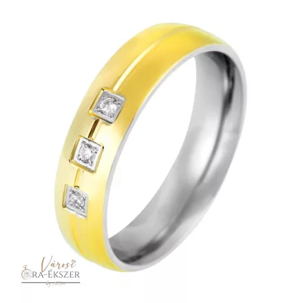Női nemesacél karikagyűrű  3 kővel – kerekített, fényes felületű, arany színű, 5 mm, gravírozható