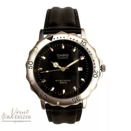CASIO MTP-3008 KARÓRA, FEKETE SZÁMLAP, EZÜST SZÍNŰ FÉMTOK ÉS FEKETE BŐRSZÍJ, 50m VÍZÁLLÓSÁG