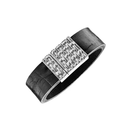 POLICE fekete valódi bőr és nemesacél karkötő, férfi