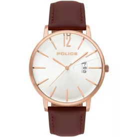   POLICE FÉRFI karóra, BARNA BŐRSZÍJ, DÁTUMKIJELZÉS, ARANY SZÍNŰ ROZSDAMENTES ACÉL TOK, ELEGÁNS, KEREK SZÁMLAP