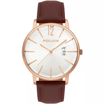 POLICE FÉRFI karóra, BARNA BŐRSZÍJ, DÁTUMKIJELZÉS, ARANY SZÍNŰ ROZSDAMENTES ACÉL TOK, ELEGÁNS, KEREK SZÁMLAP
