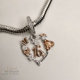 925 Ezüst charm, szív 16-os számmal, bicolor