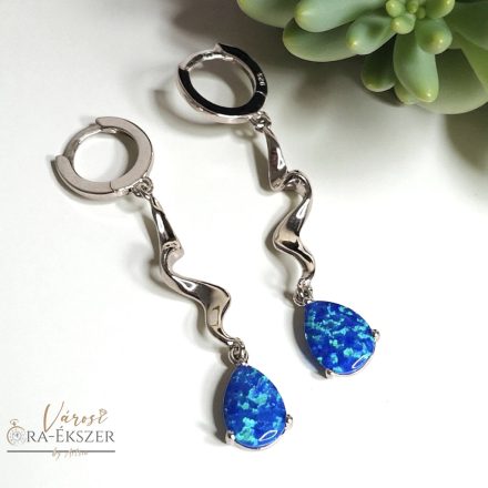 925 EZÜST FÜLBEVALÓ KÉK OPÁL KŐVEL, LÓGÓS